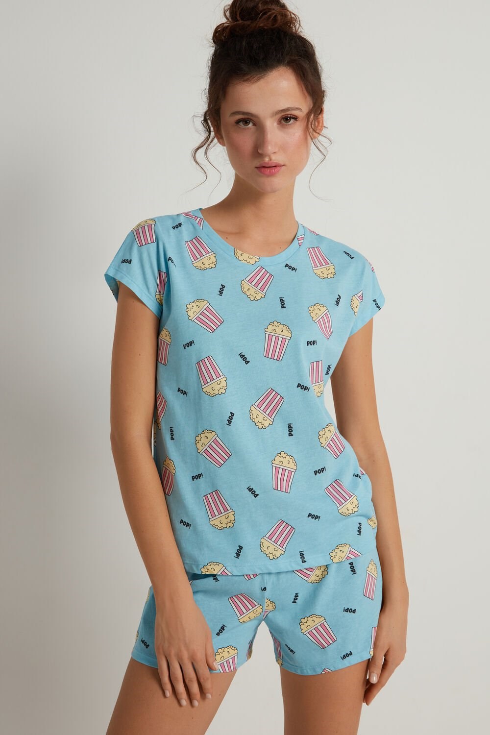 Tezenis Popcorn Print Bawełniane Krótkie Pajamas Niebieskie Niebieskie | 2597-NBGFM