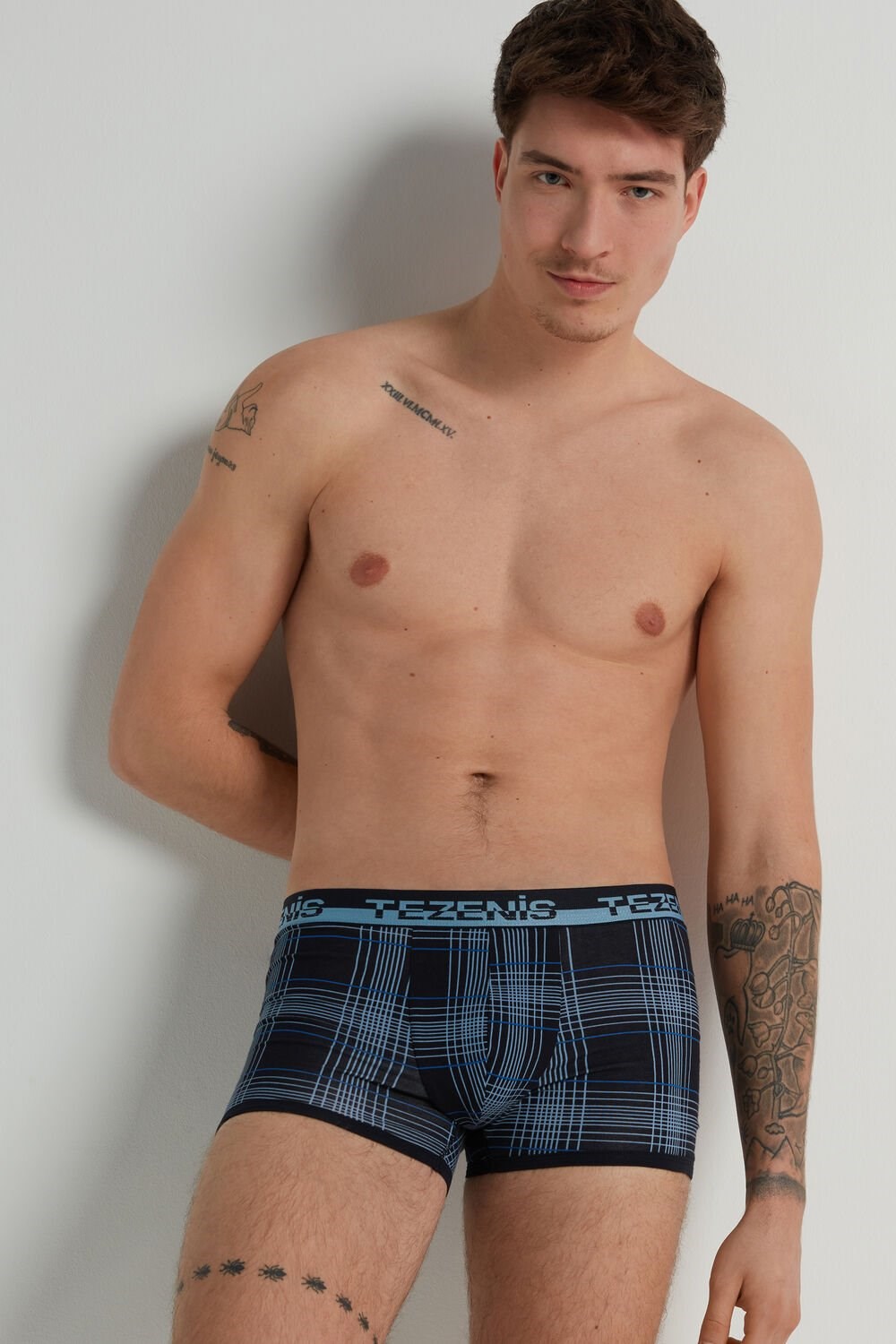 Tezenis Printed Bawełniane Boxers with Logo Elastic Waistband Niebieskie Ciemny Niebieskie | 5108-TDGES