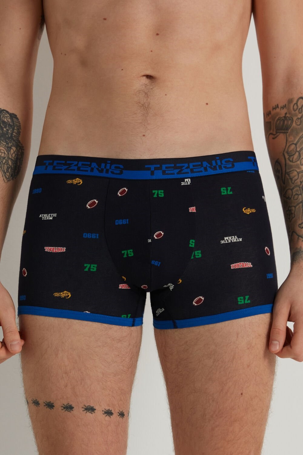 Tezenis Printed Bawełniane Boxers with Logo Elastic Waistband Niebieskie Ciemny Niebieskie | 6802-JXCGN