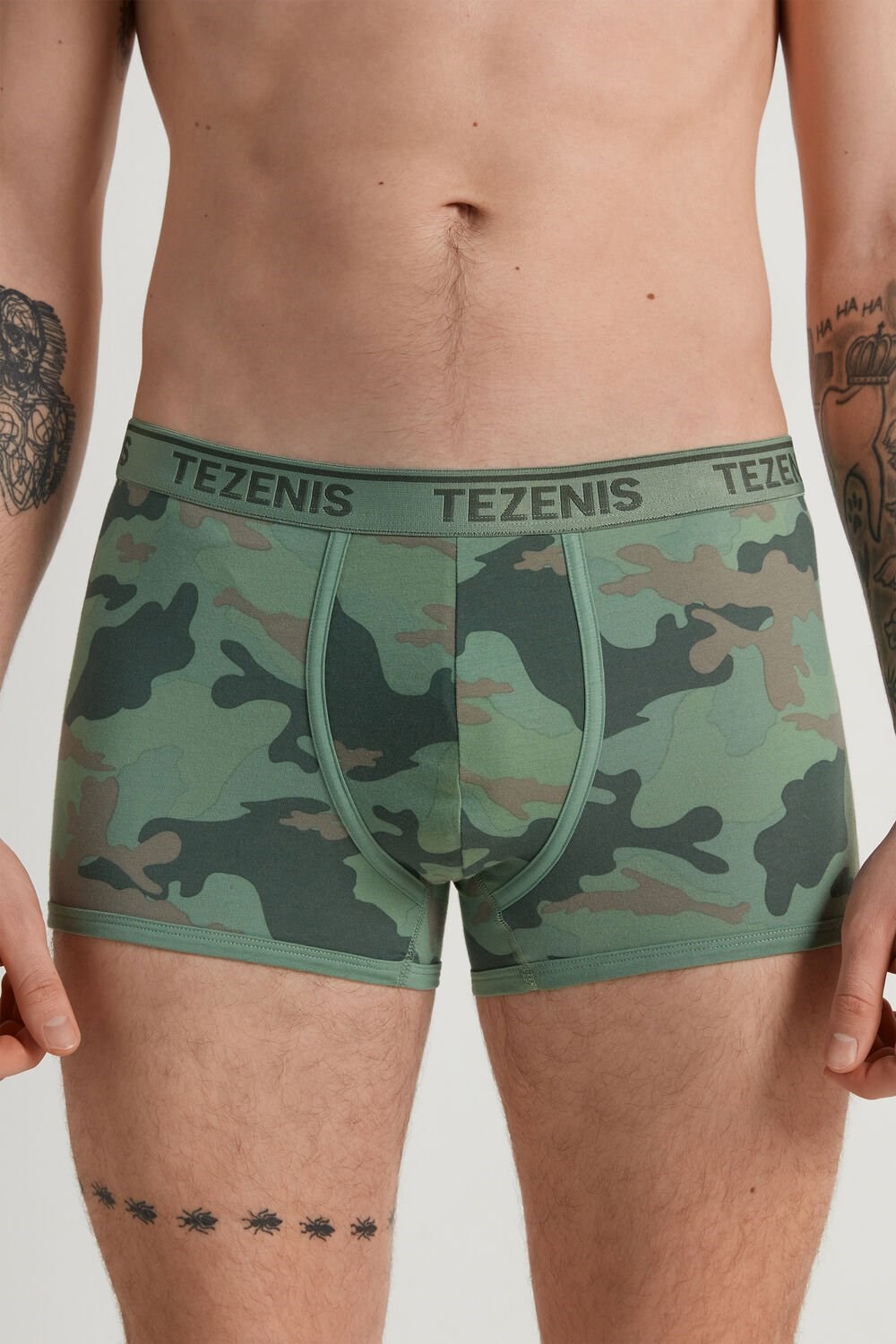 Tezenis Printed Bawełniane Logo Boxers with Contrasting Trim Zielone Zielone Camo | 1390-NBWDP