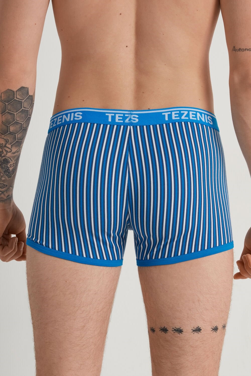 Tezenis Printed Bawełniane Logo Boxers with Contrasting Trim Niebieskie Niebieskie Paski W Paski | 5908-XWPFV