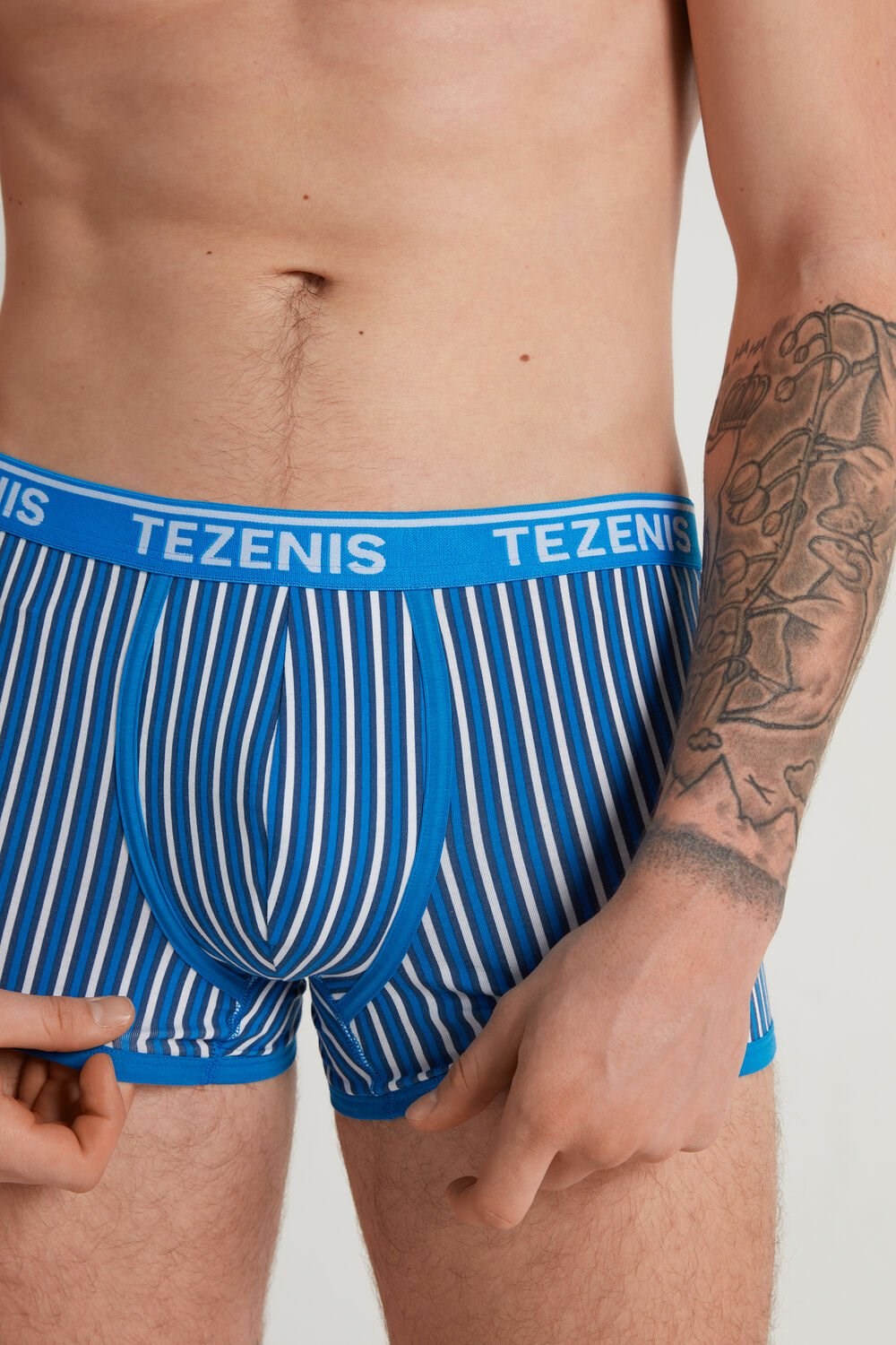 Tezenis Printed Bawełniane Logo Boxers with Contrasting Trim Niebieskie Niebieskie Paski W Paski | 5908-XWPFV