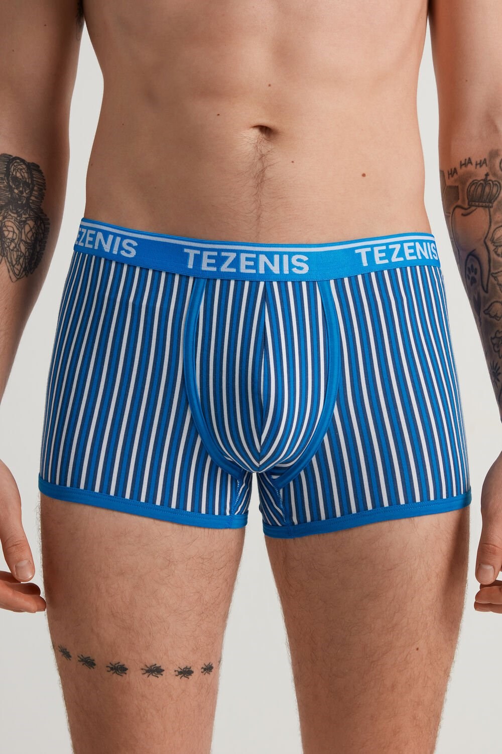 Tezenis Printed Bawełniane Logo Boxers with Contrasting Trim Niebieskie Niebieskie Paski W Paski | 5908-XWPFV