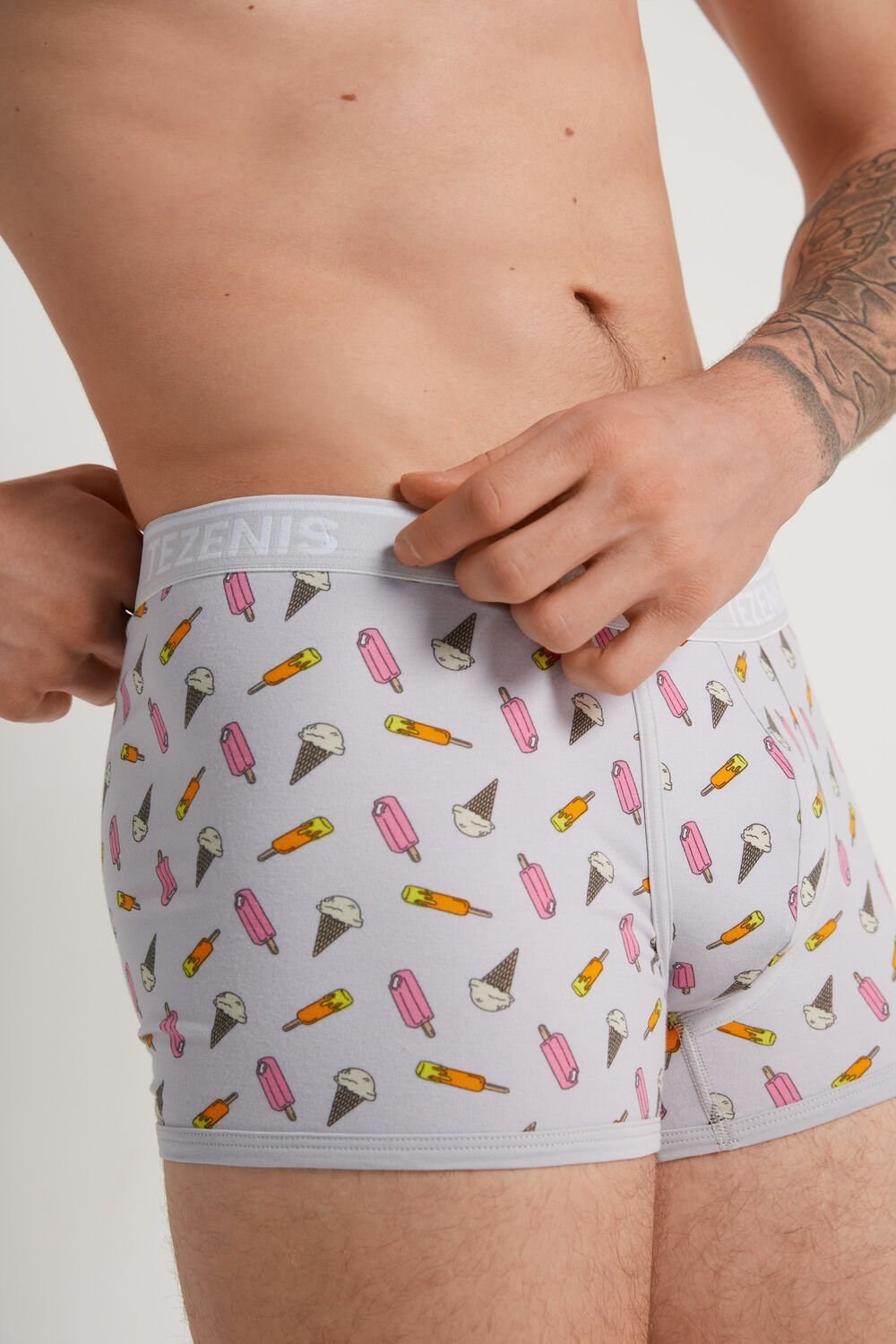 Tezenis Printed Bawełniane Logo Boxers with Contrasting Trim Szare Kremowe | 7043-WGIRV