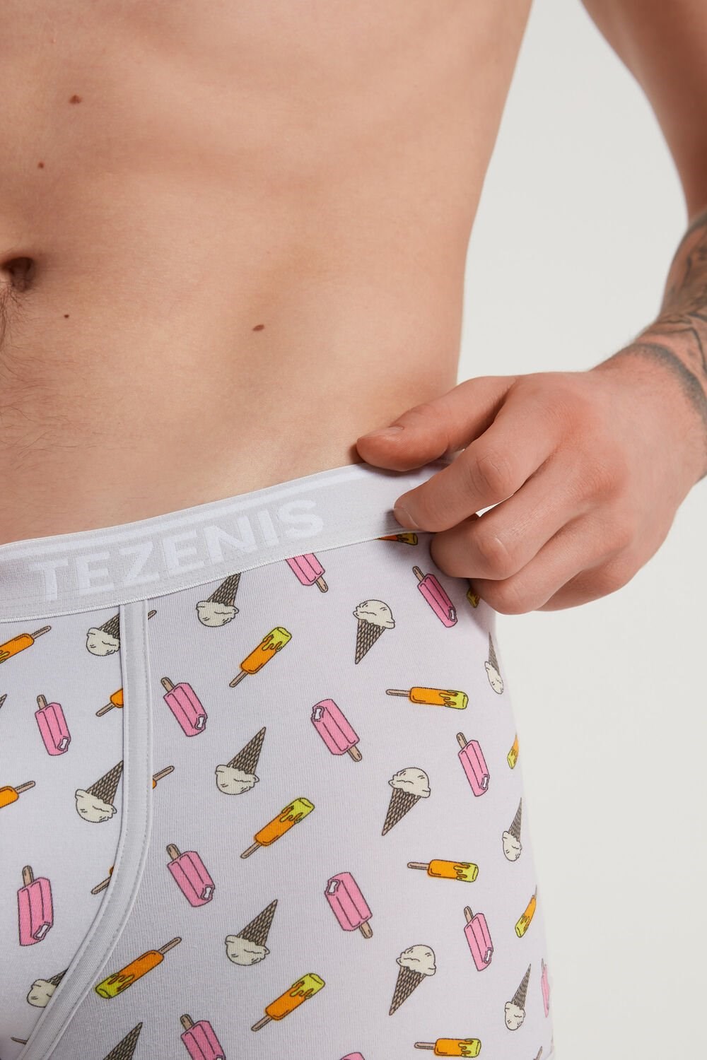 Tezenis Printed Bawełniane Logo Boxers with Contrasting Trim Szare Kremowe | 7043-WGIRV