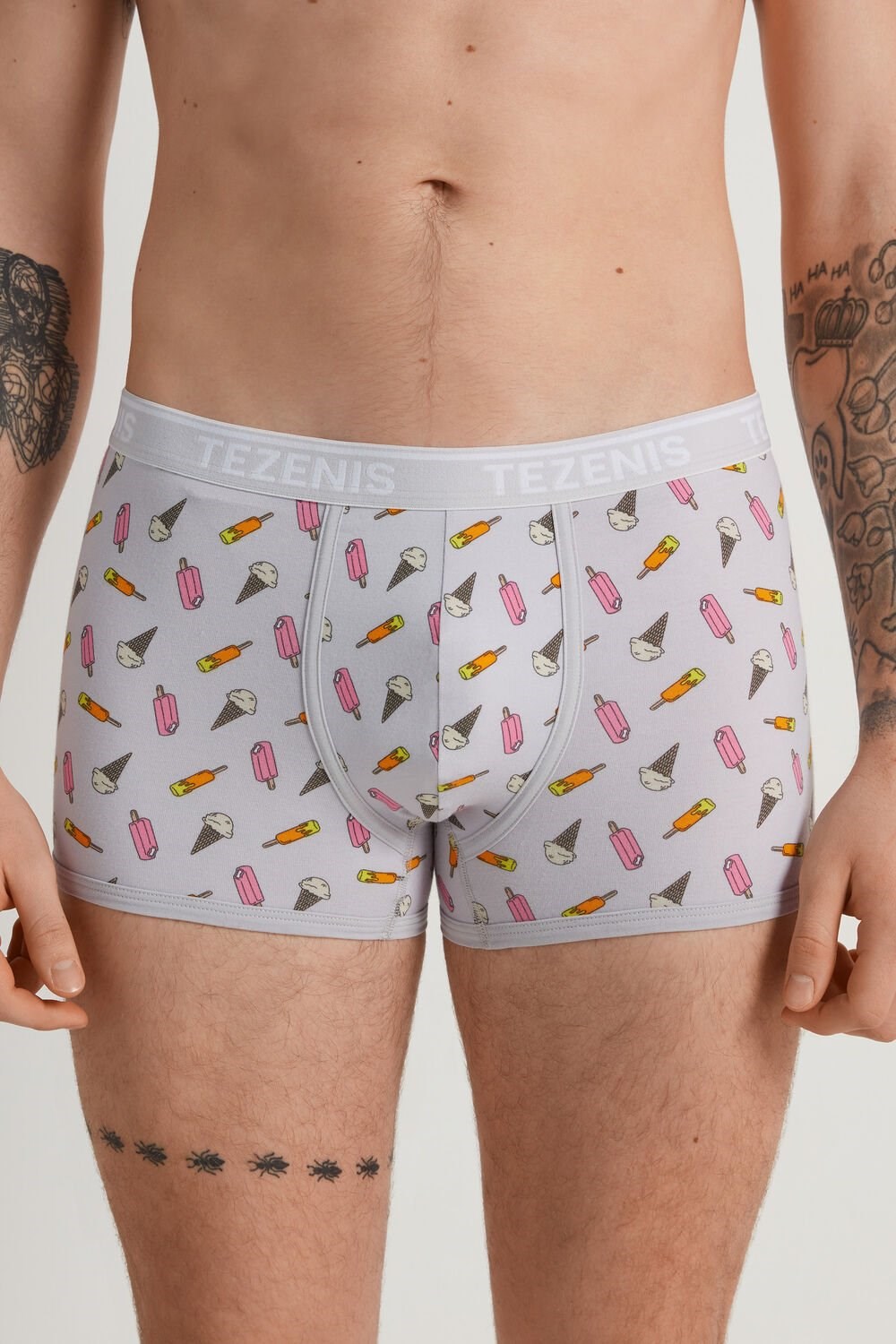 Tezenis Printed Bawełniane Logo Boxers with Contrasting Trim Szare Kremowe | 7043-WGIRV