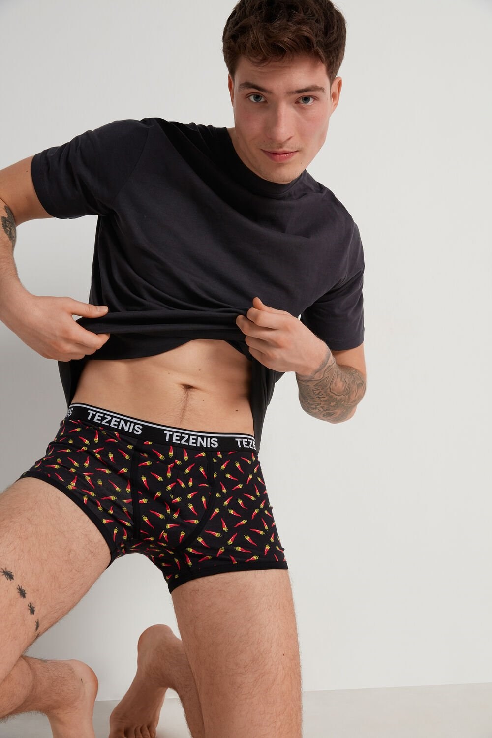 Tezenis Printed Bawełniane Logo Boxers with Contrasting Trim Czarne Czarne | 8723-UMCHY