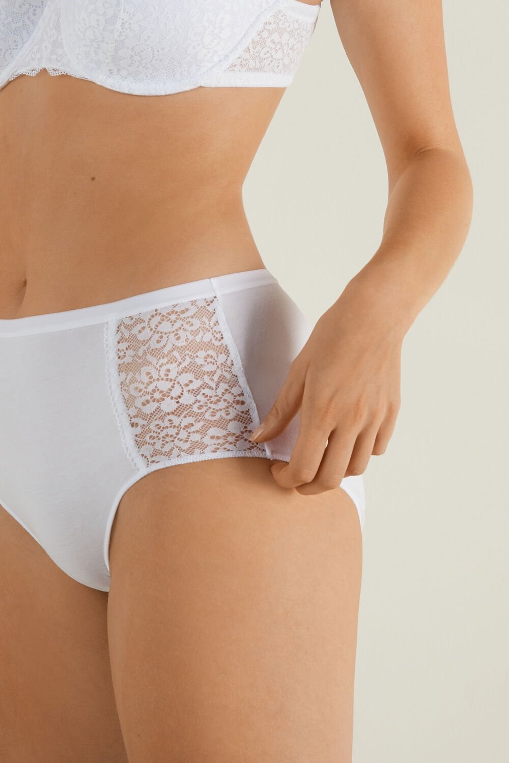 Tezenis Recycled Bawełniane and Koronkowe High-Leg Panties Białe Białe | 2869-IHJBA