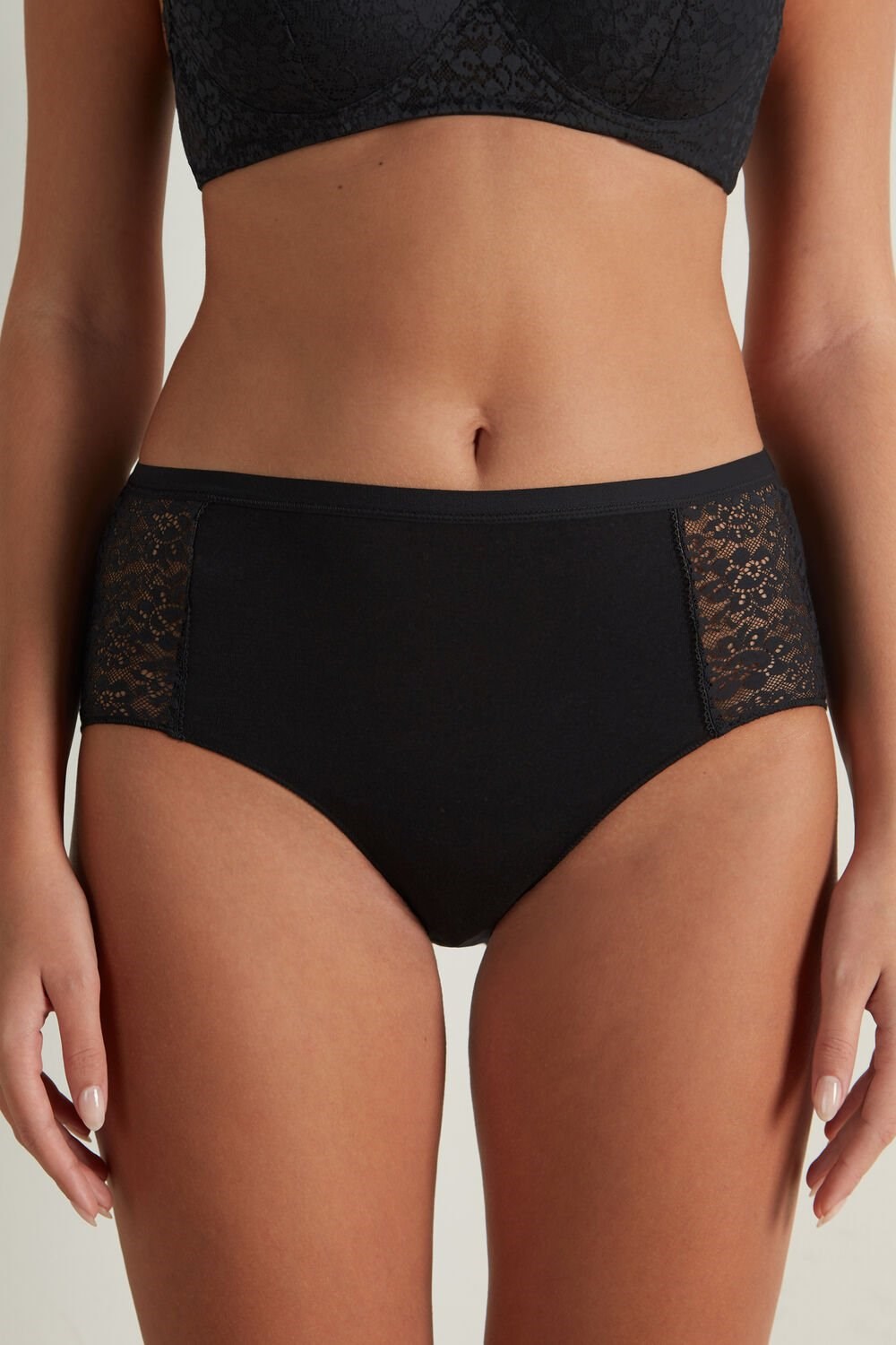 Tezenis Recycled Bawełniane and Koronkowe High-Leg Panties Czarne Czarne | 5306-IUOEX