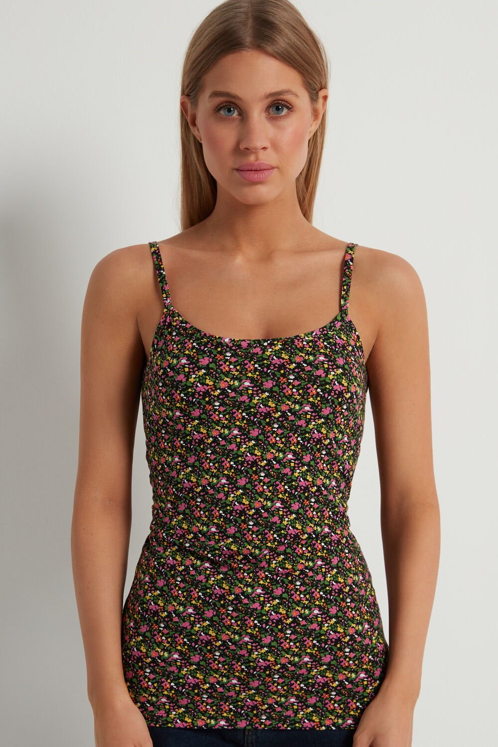 Tezenis Round Neck Tank Top in Stretch Bawełniane Czarne | 1475-BGIKA