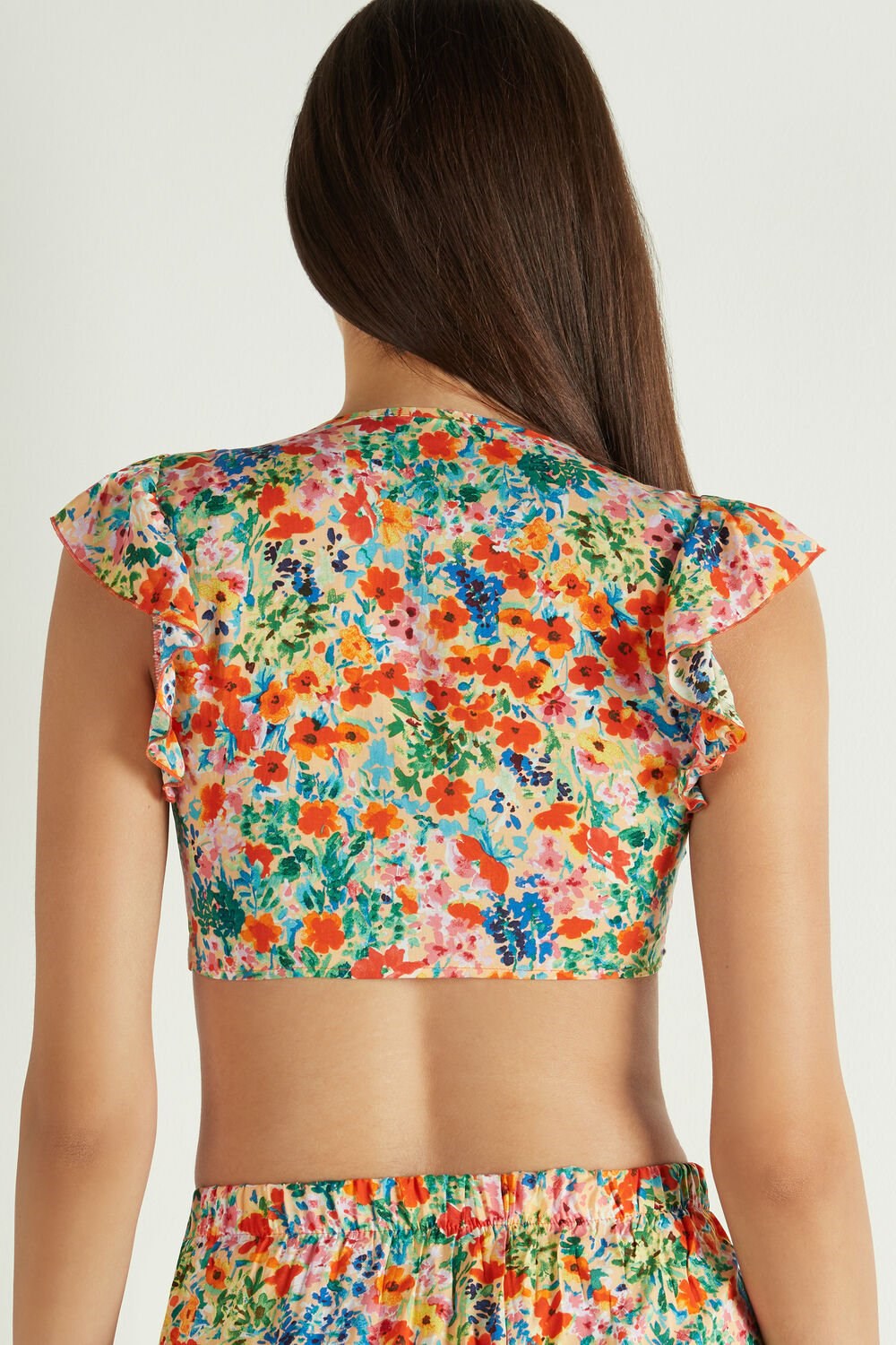 Tezenis Ruffled Crop Top with Knot Floral Rainbow Flowers Print 847u | 5496-BKYER