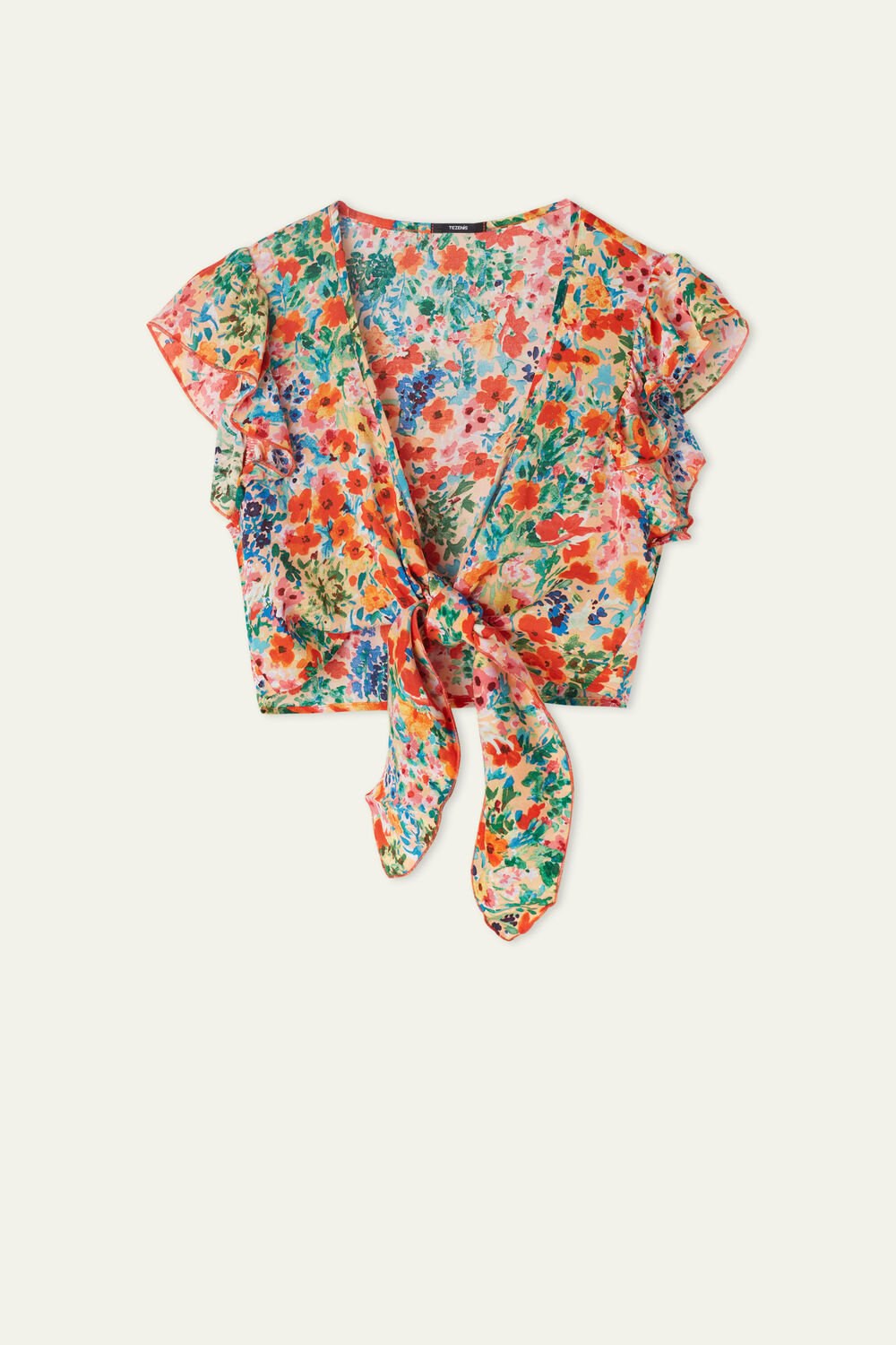 Tezenis Ruffled Crop Top with Knot Floral Rainbow Flowers Print 847u | 5496-BKYER