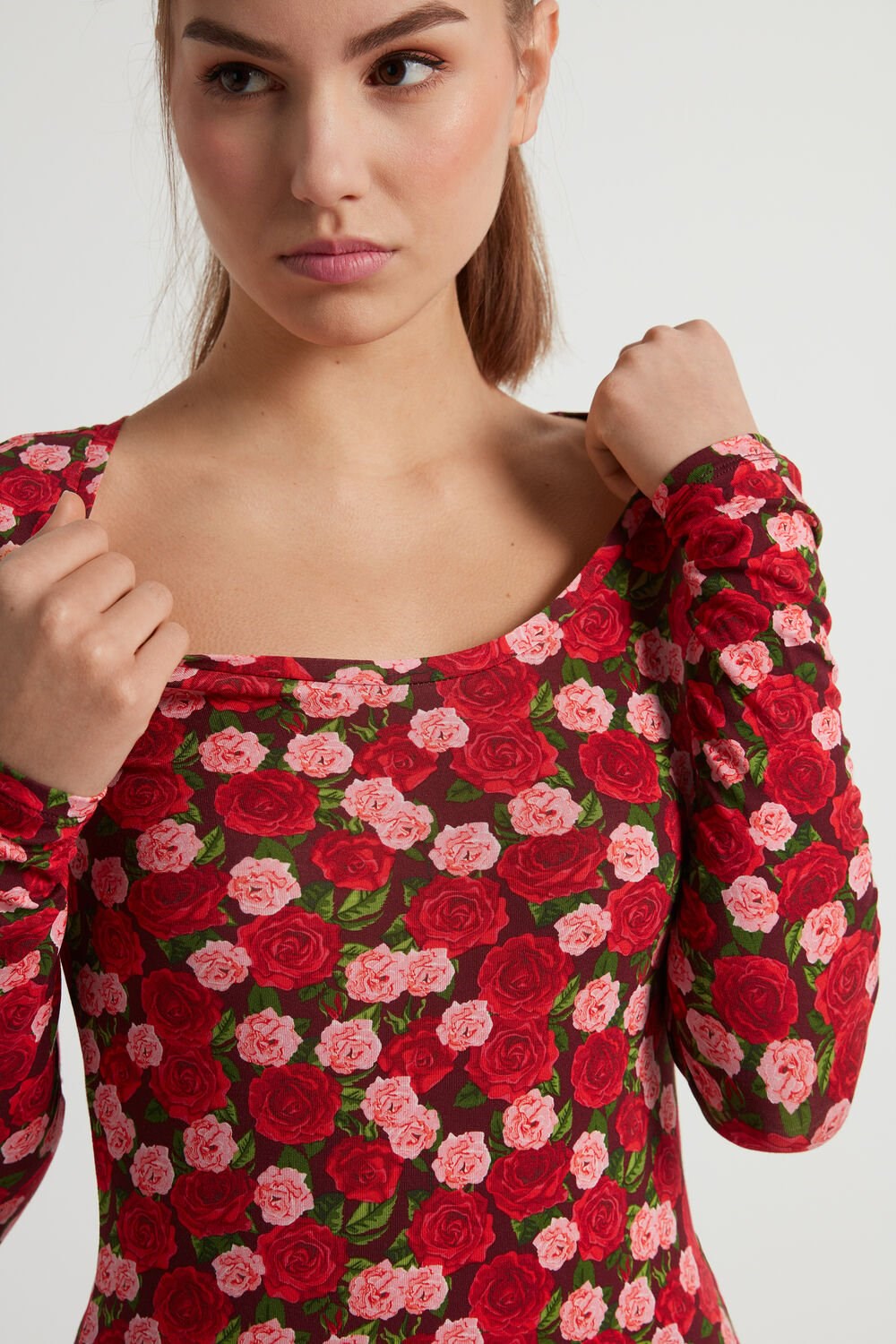 Tezenis Szerokie Neck Long Sleeve Top in Printed Viscose Czerwone Różowe | 3179-CHKMQ