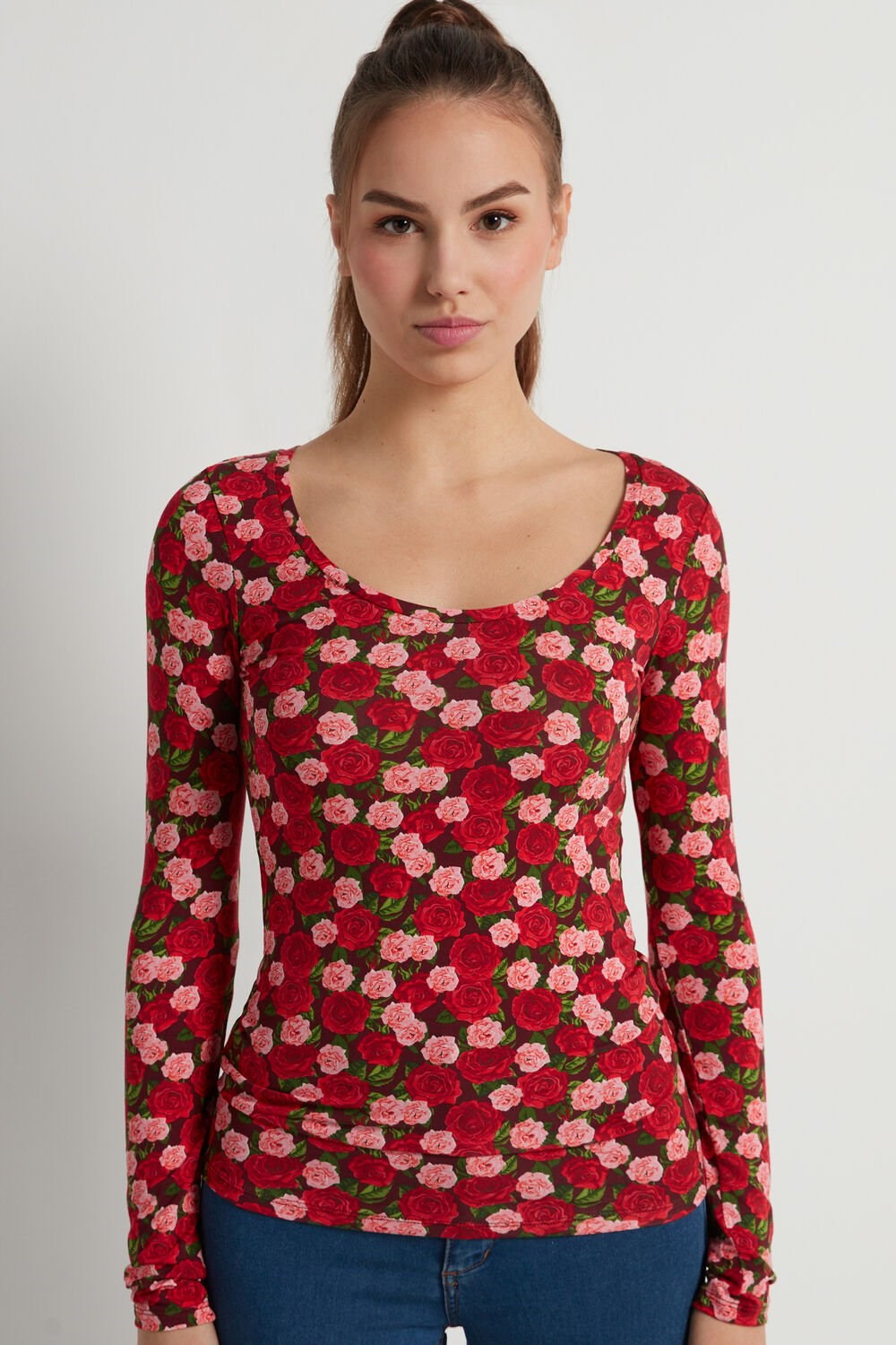 Tezenis Szerokie Neck Long Sleeve Top in Printed Viscose Czerwone Różowe | 3179-CHKMQ