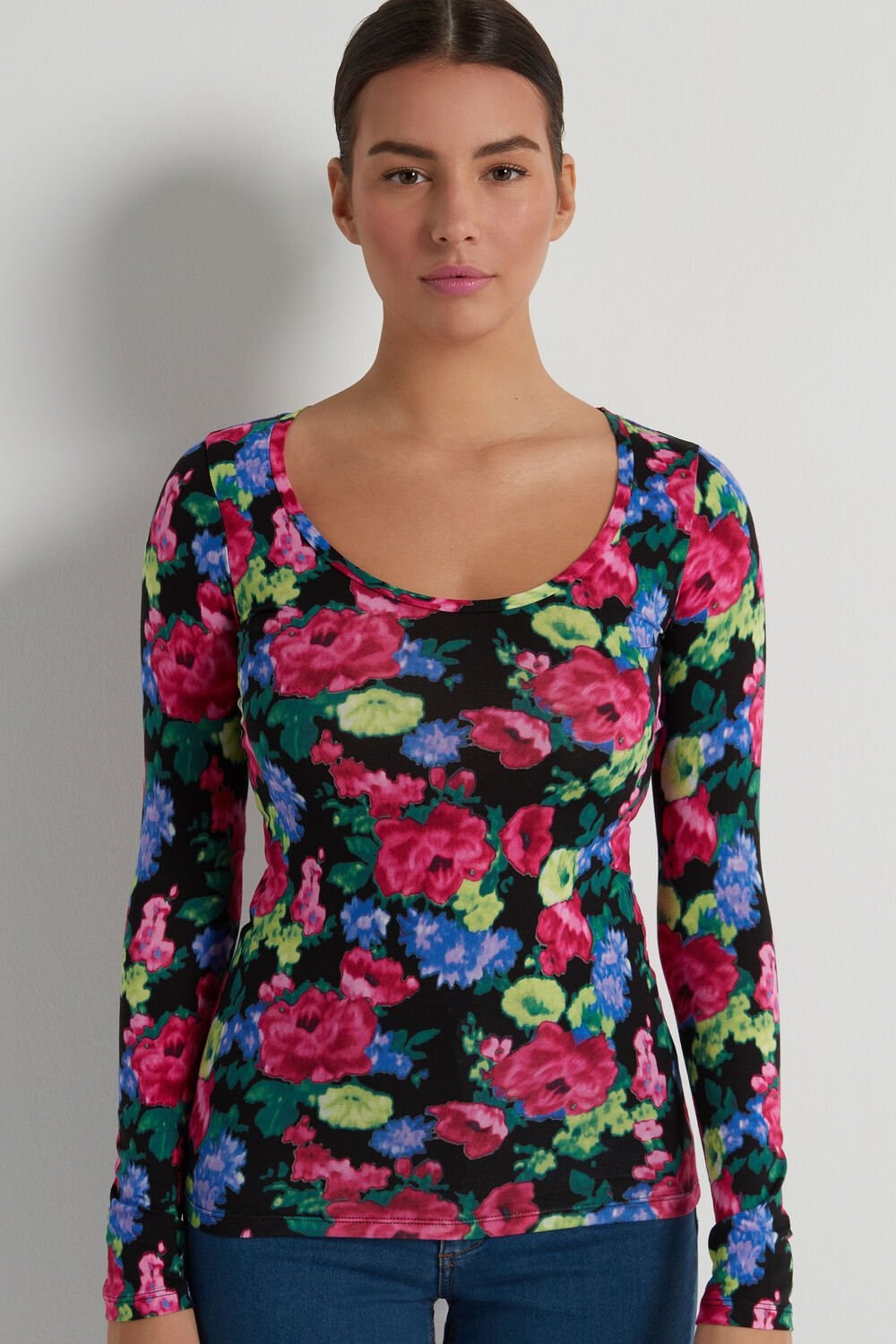 Tezenis Szerokie Neck Long Sleeve Top in Printed Viscose Czarne | 3879-OHVQJ