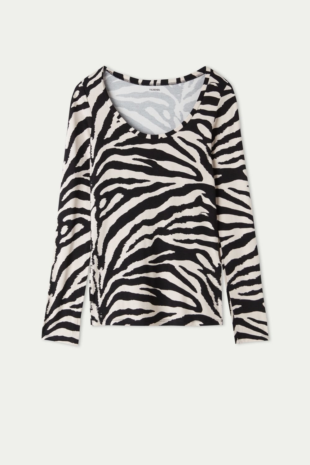 Tezenis Szerokie Neck Long Sleeve Top in Printed Viscose Animal Milk White/Black Zebra Print 306v | 4672-ZAMUG