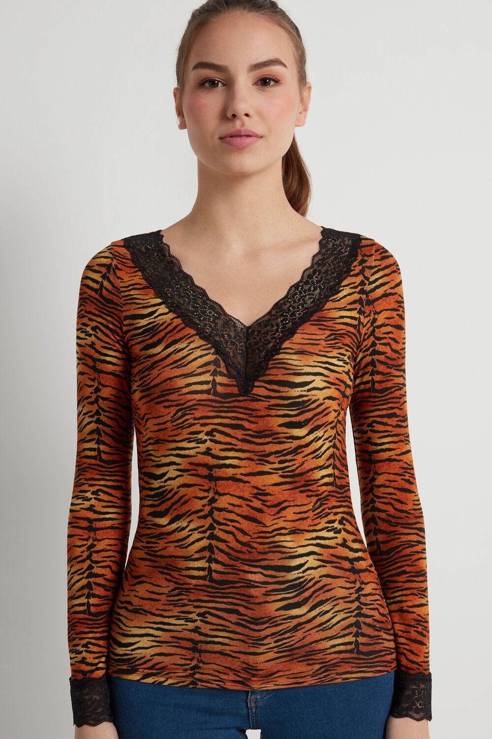 Tezenis V Neck Long Sleeve Top with Koronkowe Animal Tiger Print 303v | 3854-YDHZS