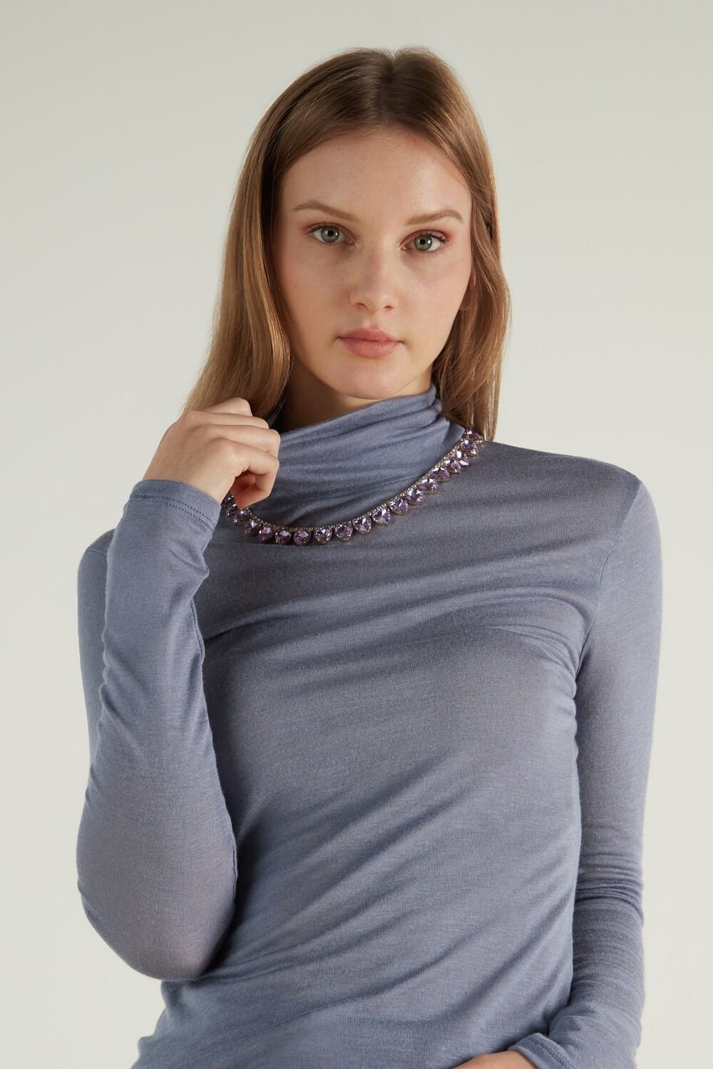 Tezenis Viscose and Merino Wełna Turtleneck Top Szare Głęboka Niebieskie | 3567-CTHMD