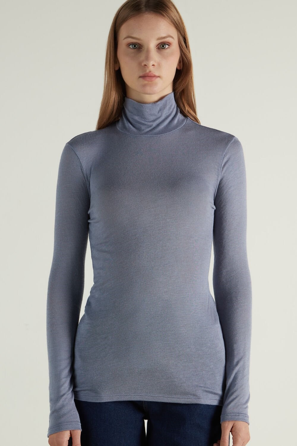 Tezenis Viscose and Merino Wełna Turtleneck Top Szare Głęboka Niebieskie | 3567-CTHMD