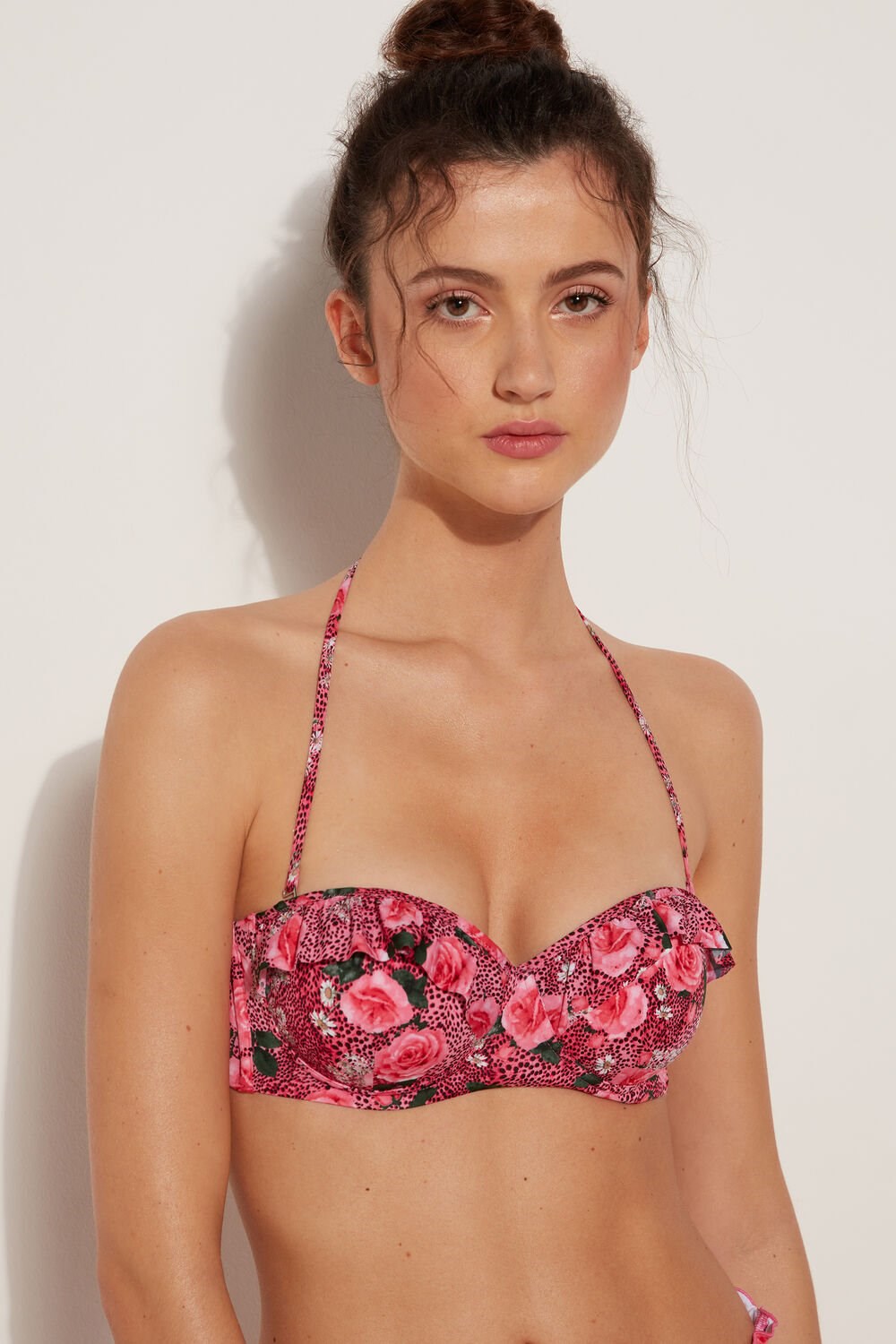 Tezenis Wild Roses Watowany Bandeau Bikini Top Różowe | 5472-AJGTS