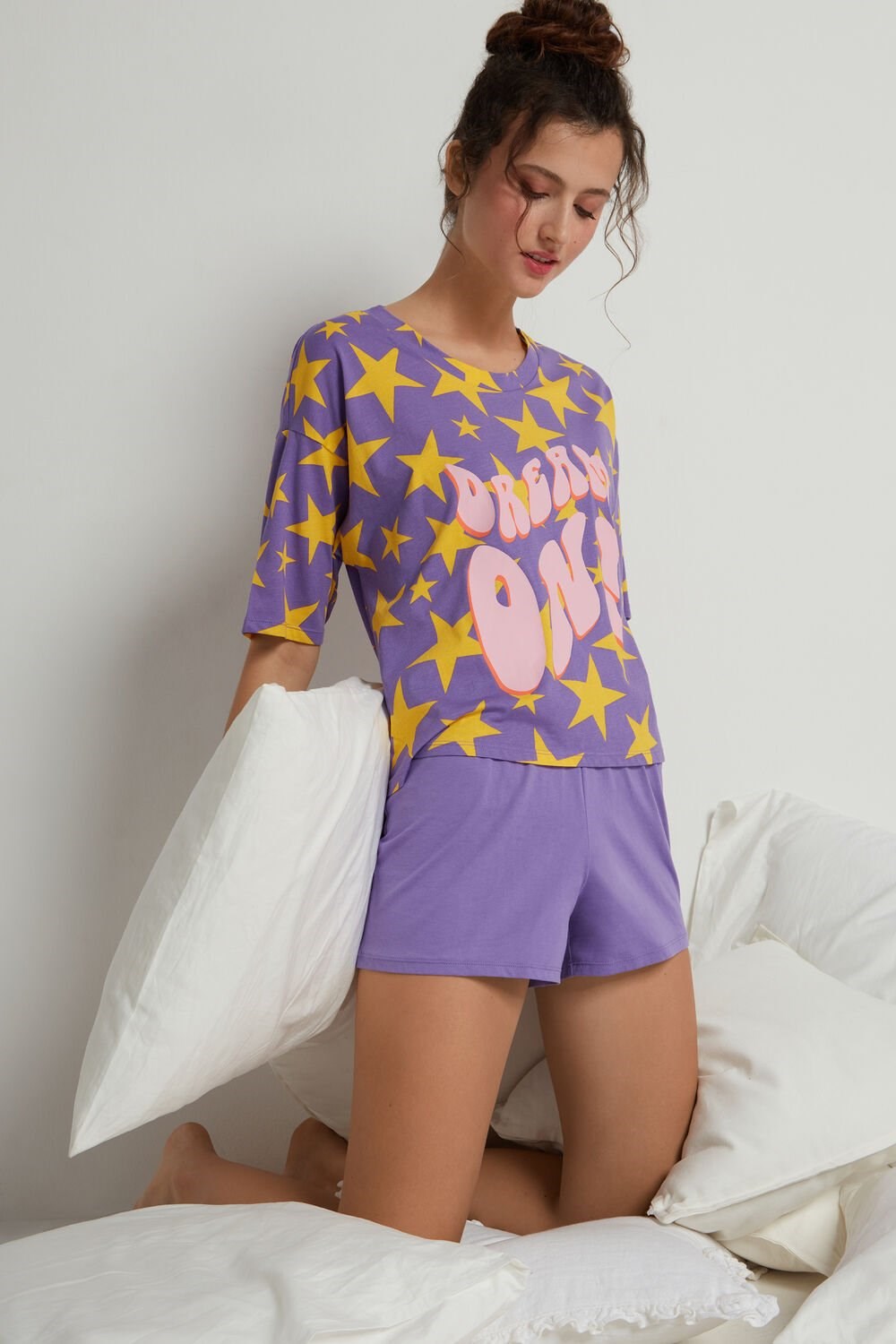 Tezenis “Dream On” Print Krótkie Bawełniane Pajamas Print Lilac Star Print 399v | 4289-VYJBP