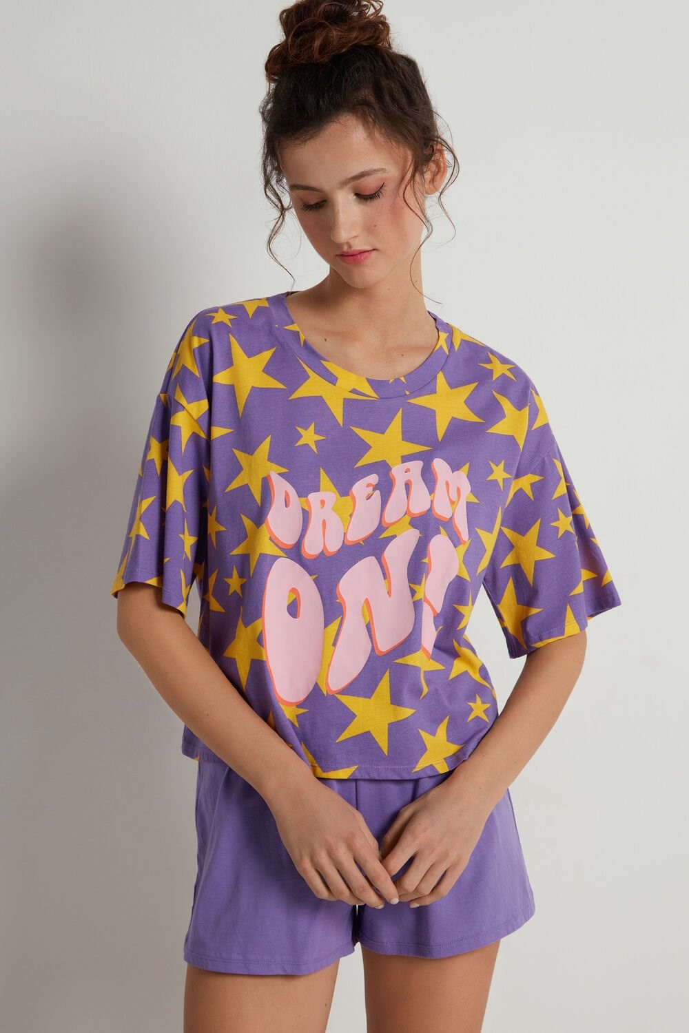 Tezenis “Dream On” Print Krótkie Bawełniane Pajamas Print Lilac Star Print 399v | 4289-VYJBP