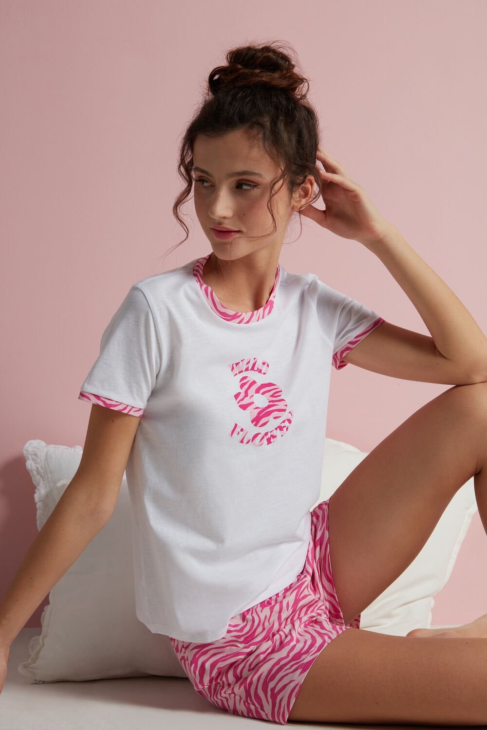 Tezenis “Wild Flowers” Print Krótkie Bawełniane Pajamas Różowe Białe | 5327-COESG