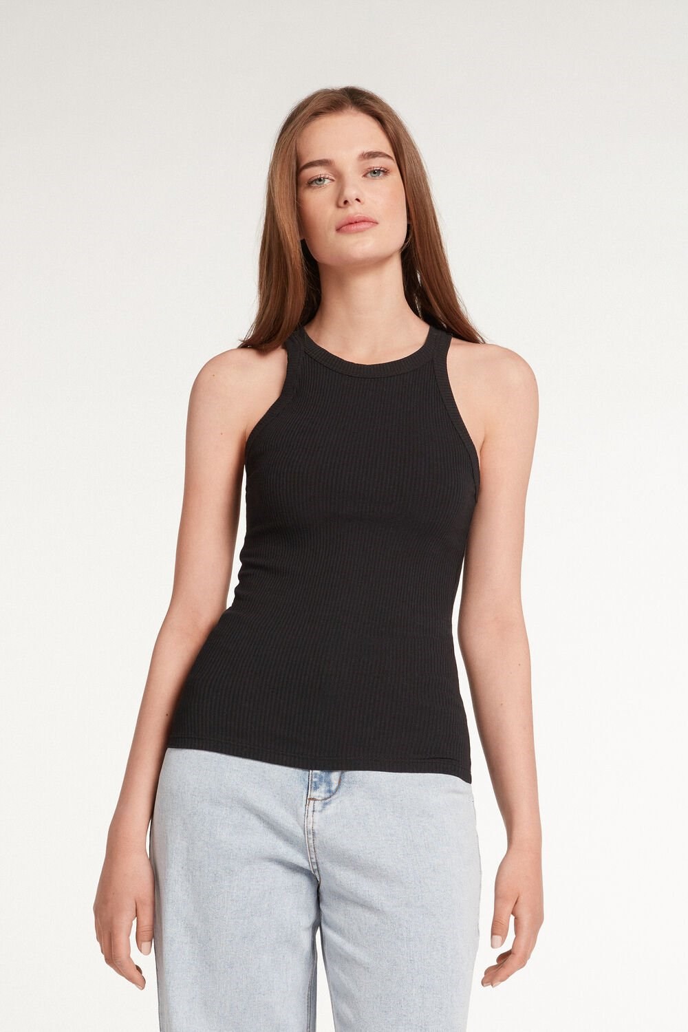 Tezenis Żebrowany Bawełniane Racerback Tank Top Czarne Czarne | 3065-DUMQC