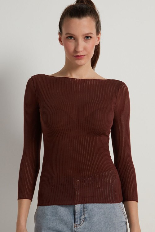 Tezenis 3/4-Length-Sleeve Ultralight Żebrowany Bawełniane Łódź-Neck Top Brązowe Brązowe | 9342-VTRUA