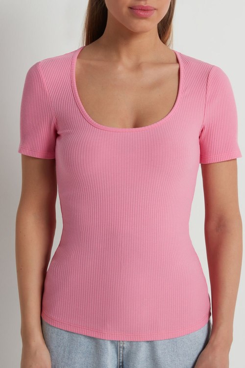 Tezenis Basic Rib Bawełniane Scoop Neck T-shirt Różowe Różowe | 3185-QPJIU