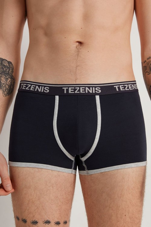 Tezenis Bawełniane Logo Bokser Briefs with Contrasting Edging Niebieskie Ciemny | 1320-NXUAJ