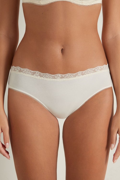 Tezenis Bawełniane and Recycled Koronkowe Scalloped Trim Panties Kremowe | 7916-NCZBF