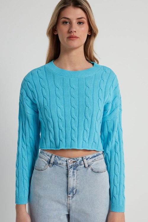 Tezenis Cropped Long-Sleeve Cable Knit Swetry in Fully-Fashioned Bawełniane Głęboka Niebieskie Niebieskie | 2760-VNUGY