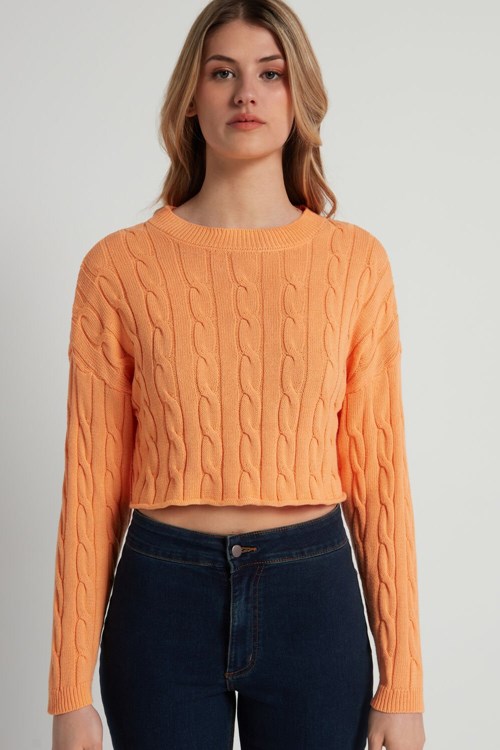 Tezenis Cropped Long-Sleeve Cable Knit Swetry in Fully-Fashioned Bawełniane Pomarańczowe Pomarańczowe | 3649-JHPSI