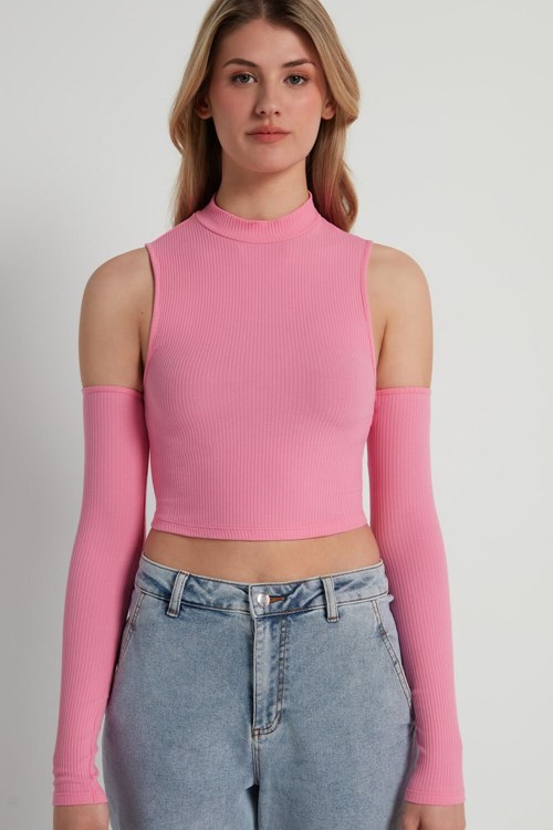 Tezenis Cropped Żebrowany Tank Top with Sleeves Różowe Różowe | 7831-RJLSP