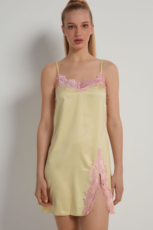 Tezenis Delicate Satin Slip with Slit Żółte Różowe | 6215-RADNY