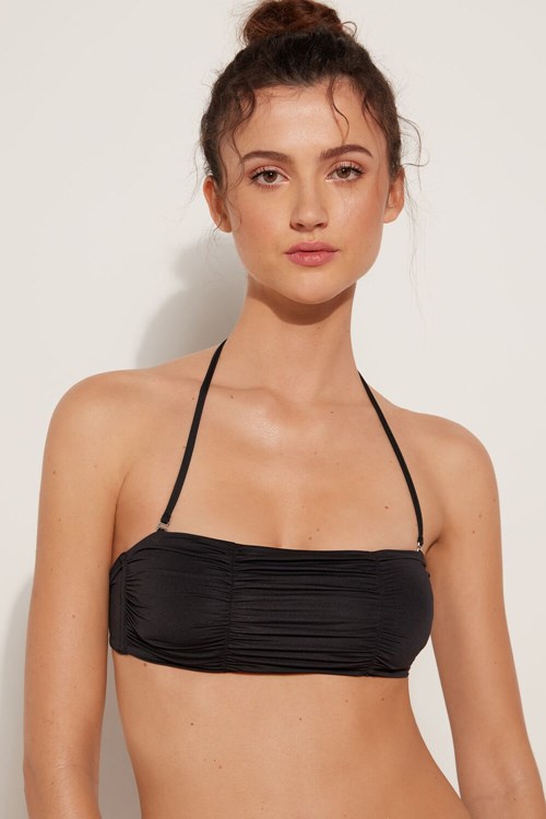 Tezenis Gathered Recycled Microfiber Bandeau Bikini Top with Removable Padding Czarne Czarne | 3579-APYKV