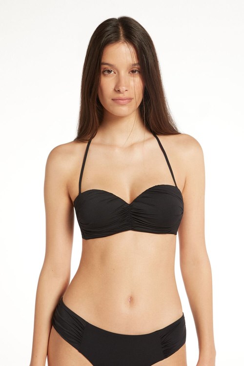 Tezenis Gathered Recycled Microfiber Watowany Bandeau Bikini Top Czarne Czarne | 2486-GWVTQ