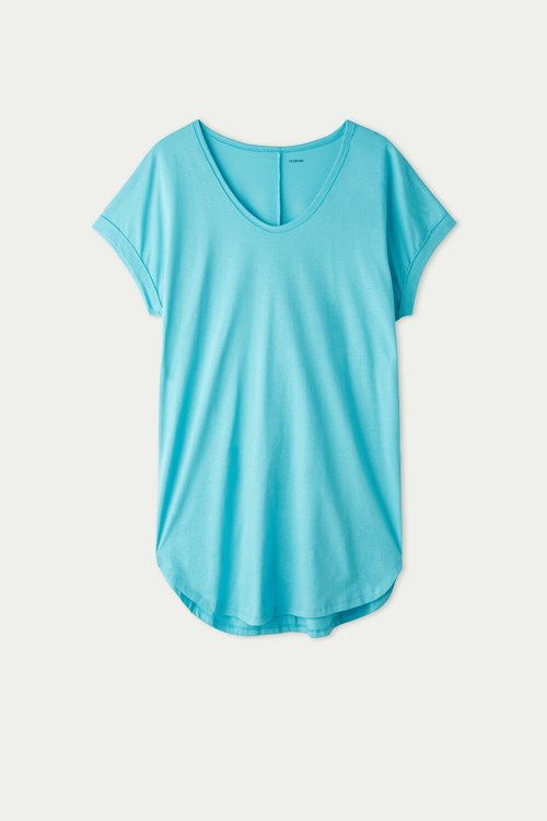 Tezenis Half-Sleeve Crew-Neck Krótkie Bawełniane Sukienki Niebieskie Turkusowe | 8043-LHANJ