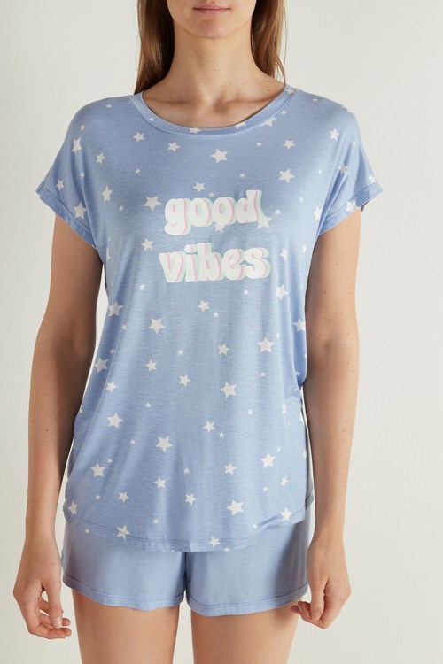 Tezenis Half Sleeve Good Vibes Viscose Krótkie Pajamas Głęboka Niebieskie | 6358-LEVHX