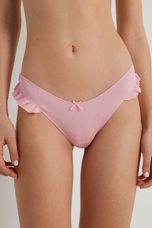 Tezenis High-Cut Żebrowany Bawełniane Brazilian Panties with Ruffles Różowe Różowe | 0856-XYOKZ