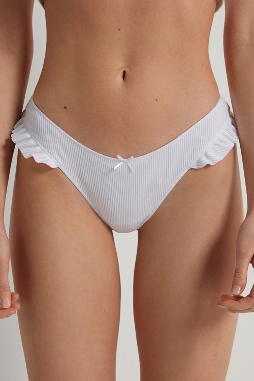 Tezenis High-Cut Żebrowany Bawełniane Brazilian Panties with Ruffles Białe Białe | 4803-SLMIP