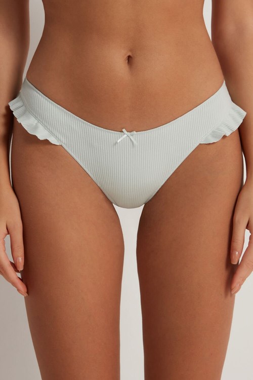 Tezenis High-Cut Żebrowany Bawełniane Brazilian Panties with Ruffles Białe Zielone | 5192-TPVJN