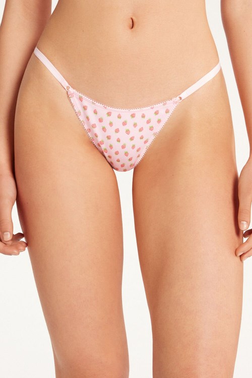 Tezenis High-Waisted Printed Bawełniane Brazilian String Panties Różowe | 1874-CLKHX