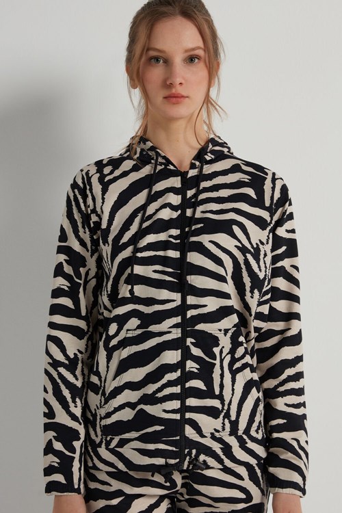 Tezenis Hoodie Sweatshirt with Zamkiem and Drawstring Animal Milk White/Black Zebra Print 306v | 2540-LKCEH