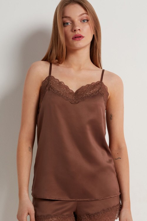 Tezenis Koronkowe and Satin Tank Top Brązowe Brązowe | 8549-KEDXW