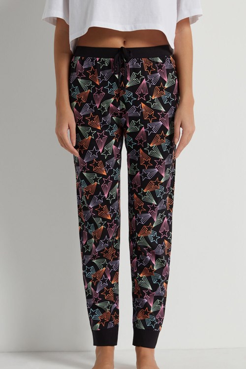 Tezenis Long Printed Drawstring Bawełniane Pants Czarne Czarne | 4530-TPFWM