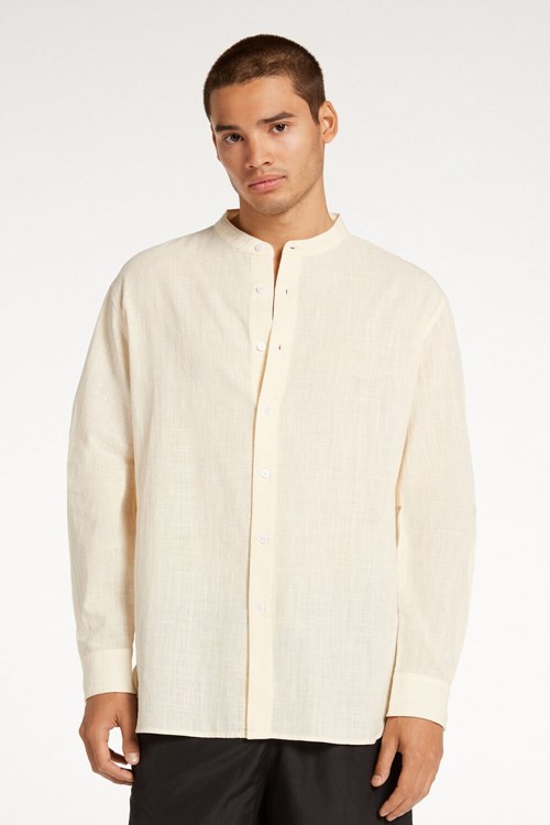 Tezenis Long Sleeve Band Collar Men’s Shirt in Bawełniane Cloth Ivory Ecru 532v | 4658-WFMSH