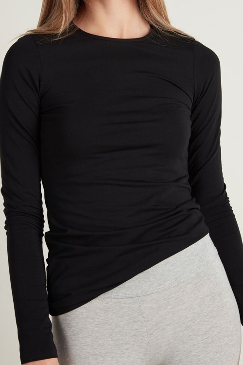 Tezenis Long-Sleeve Crew-Neck Stretch-Bawełniane Top Czarne Czarne | 8104-RKNQF