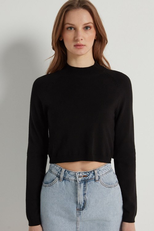 Tezenis Long-Sleeve Mock Turtleneck Crop Top Czarne Czarne | 6054-VHCBY